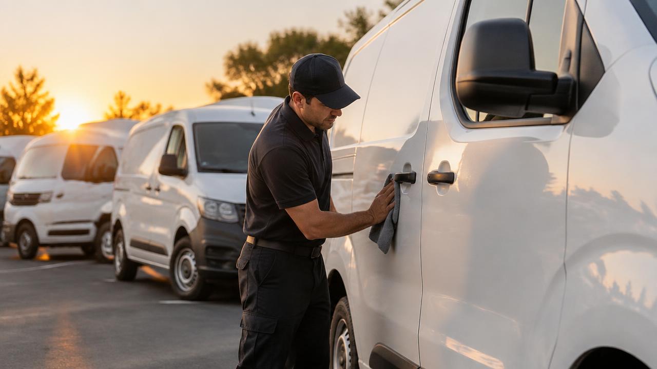Technicien lustrant un utilitaire blanc d'une flotte d'entreprise