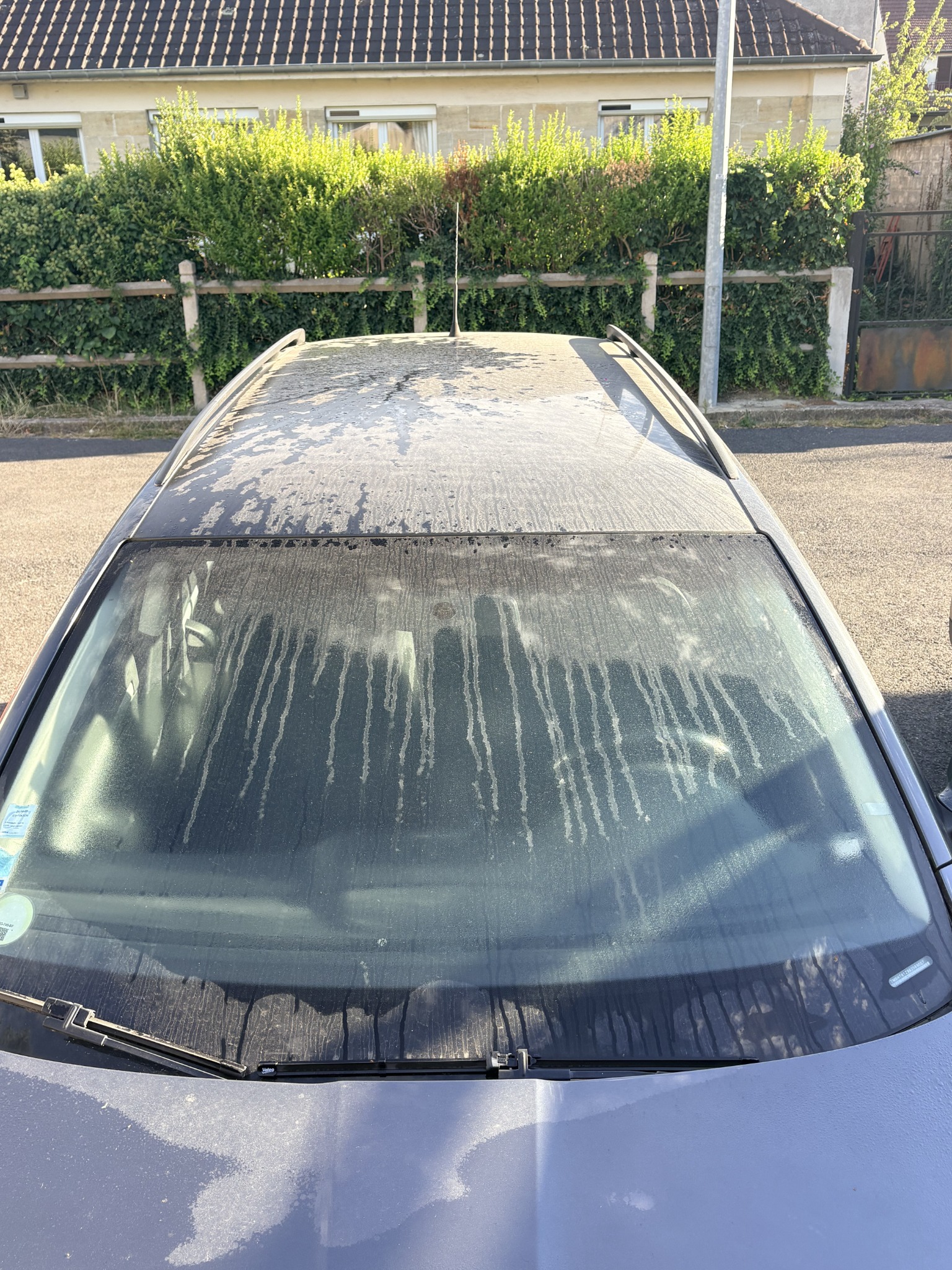 Pare-brise et toit de la Škoda Octavia break avant lavage, marqués par la poussière