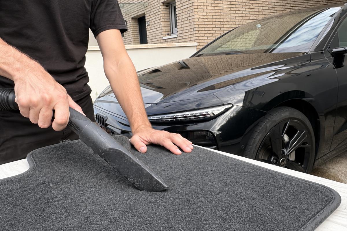 Aspiration d'un tapis de sol de voiture avec un embout professionnel devant le véhicule