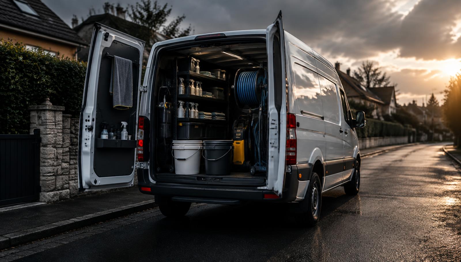 Fourgon Abn Auto équipé, portes arrière ouvertes sur le matériel de nettoyage