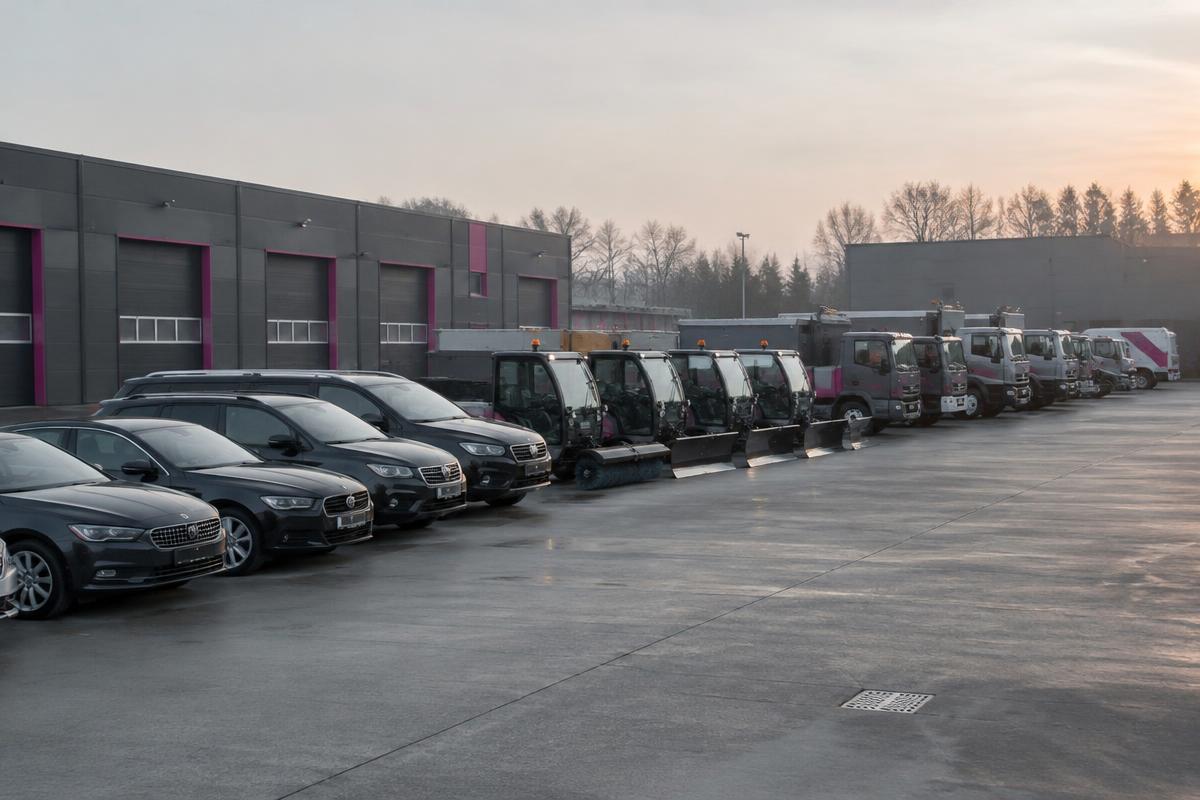 Véhicules de service d'un parc municipal stationnés en rangée