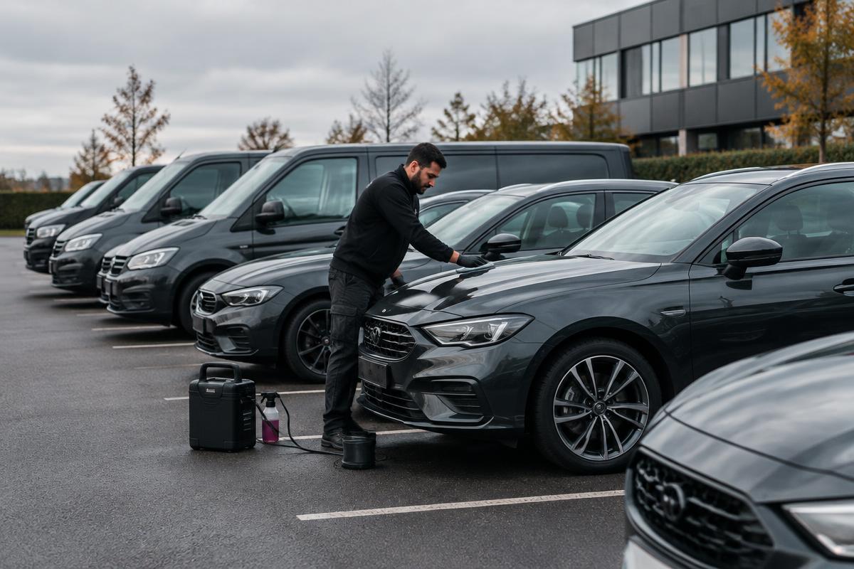 Utilitaires et berlines d'entreprise alignés sur le parking d'un site tertiaire